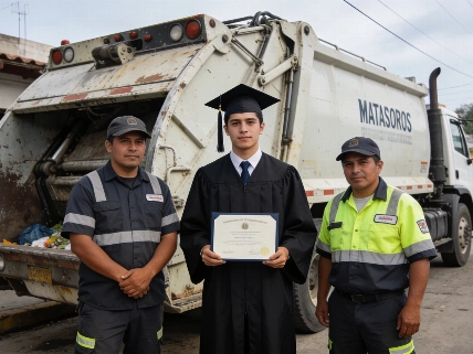 Law Graduate Poses Beside Garbage Truck in Matamoros RUSSPAIN.com