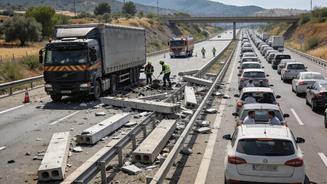 Major Traffic Delays on AP7 After Concrete Beam Truck Accident RUSSPAIN.com