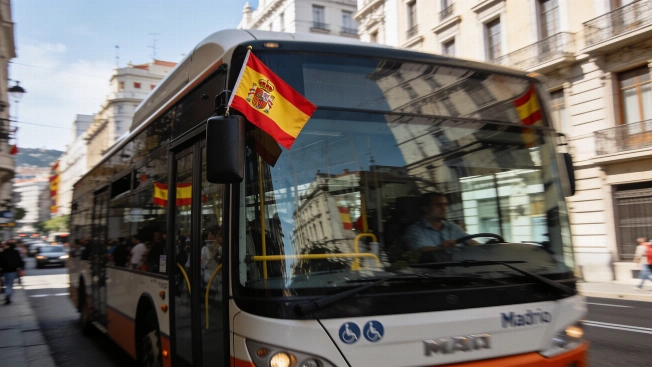 Madrid EMT buses fly Spanish flags for National Day RUSSPAIN.com