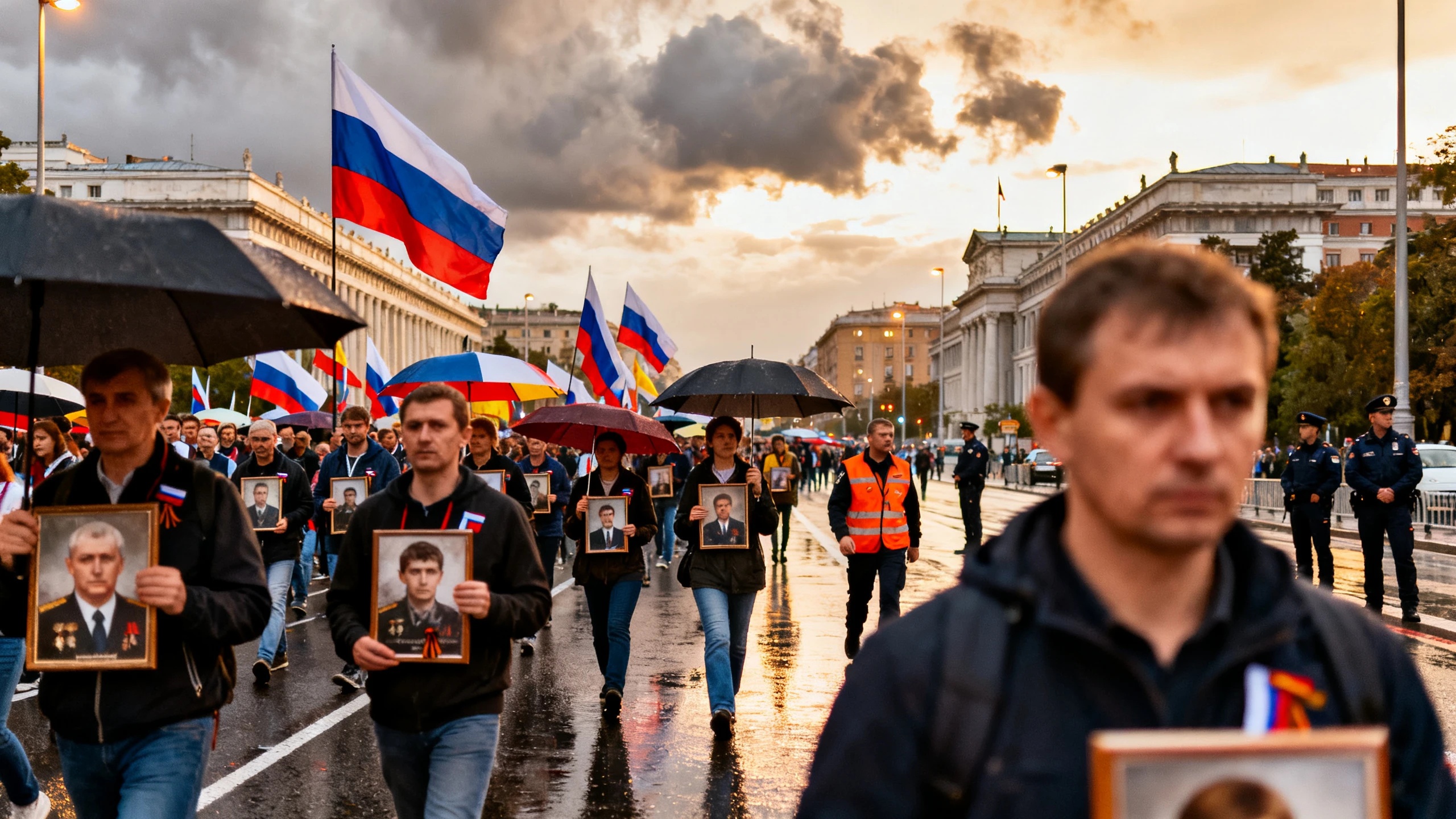 Despite the rain, hundreds of participants marched through central Madrid with portraits and Russian flags RUSSPAIN.com