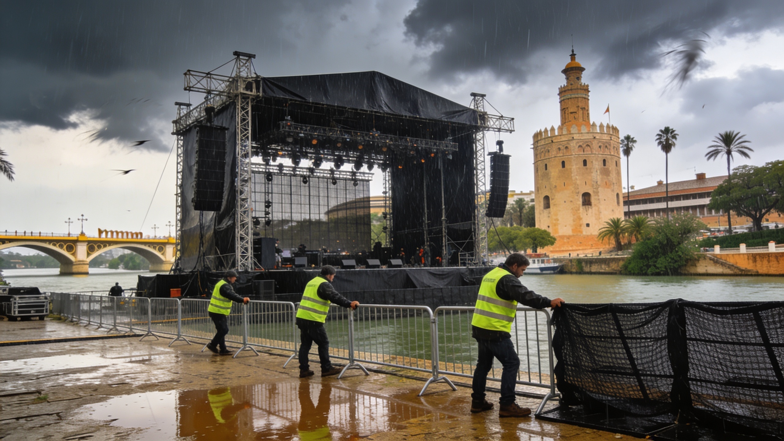 Stage by the river in Seville reinforced due to bad weather ahead of Rosalía's performance RUSSPAIN.com