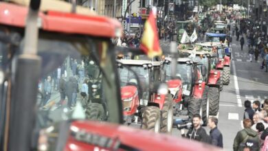 Algunos de los tractores de la tractorada convocada para la jornada de hoy por agricultores y ganaderos a su llegada al centro de Murcia (Europa Press / EP)