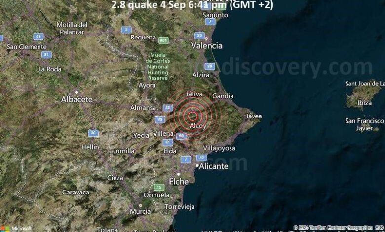 Землетрясение магнитудой 2,8 к северо-западу от Алькоя (Аликанте, регион Валенсия), Испания