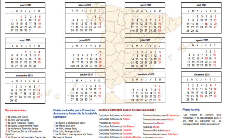 Рабочий календарь на 2025 год: четыре длинных выходных дня по всей Испании