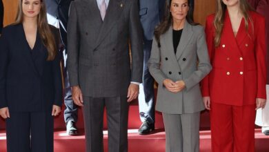 Королева Летиция в сером костюме Mango и серьгах от испанской актрисы