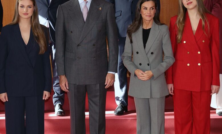 Queen Letizia in a Gray Mango Suit and Earrings from a Spanish Actress