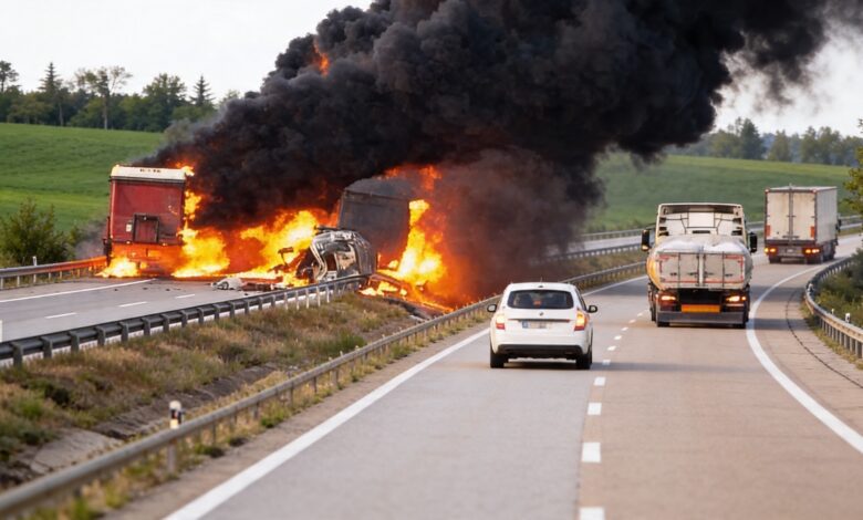 Два грузовика загорелись на трассе A-3: движение полностью остановлено