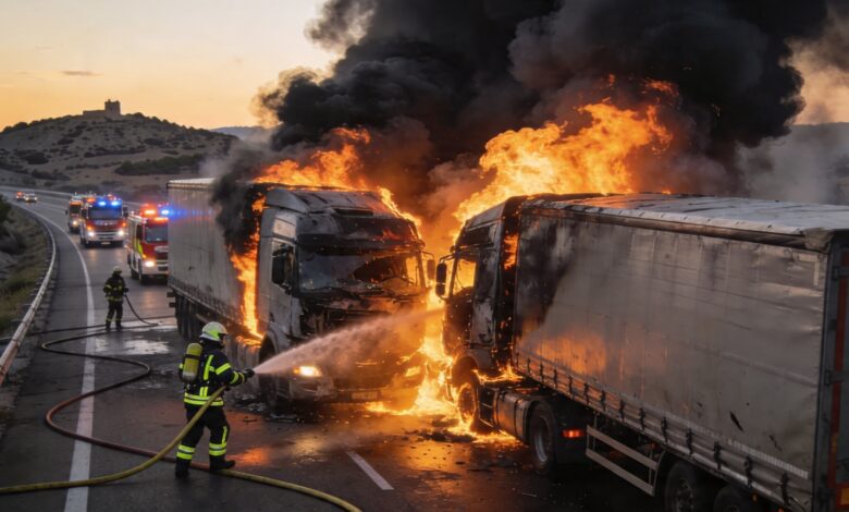 Движение по A-3 в Куэнке остановлено из-за аварии и пожара двух грузовиков