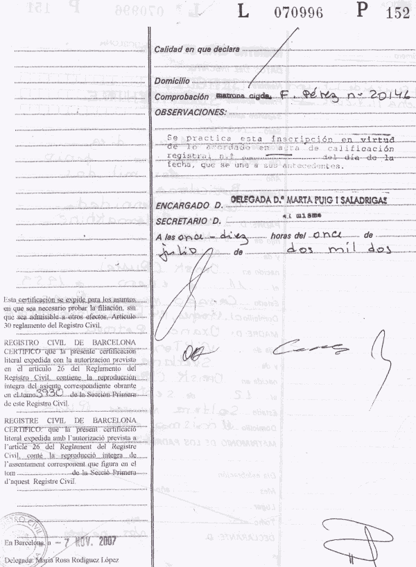 Испанское свидетельство о рождении, Барселона