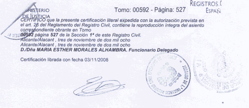 Испанское свидетельство о рождении (Аликанте)