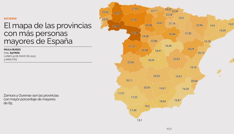 Карта провинций с наибольшим количеством пожилых людей в Испании