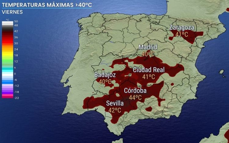 Очень жаркая и сухая воздушная масса оставит температуру до 44ºC в Испании