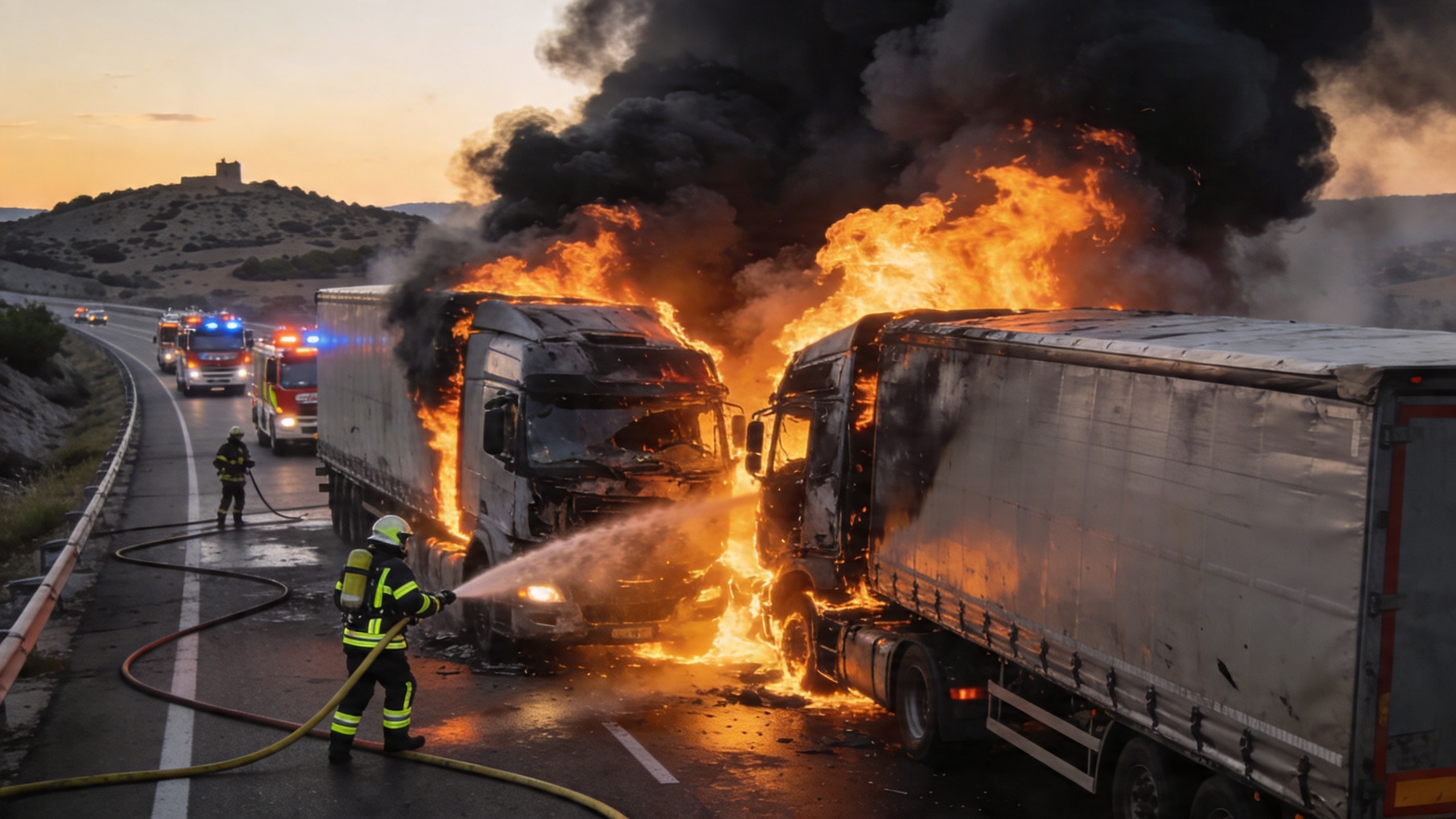 Traffic on A-3 in Cuenca halted after collision and fire involving two trucks